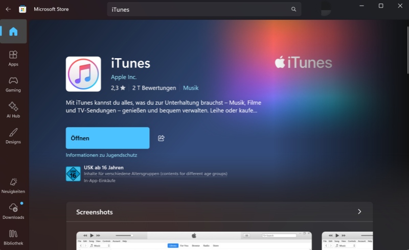 iTunes in Microsoft Store installieren