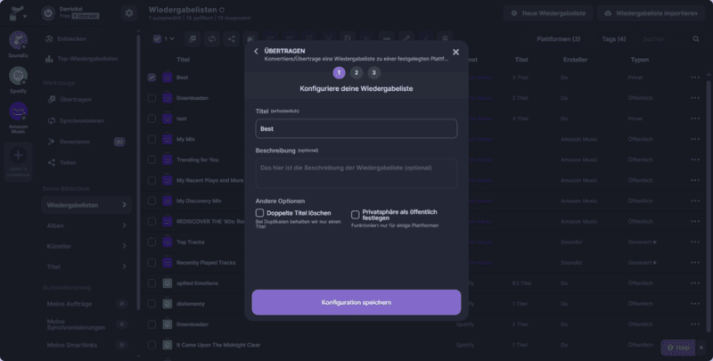 Konfiguration bei Übertragung mit Soundiiz speichern