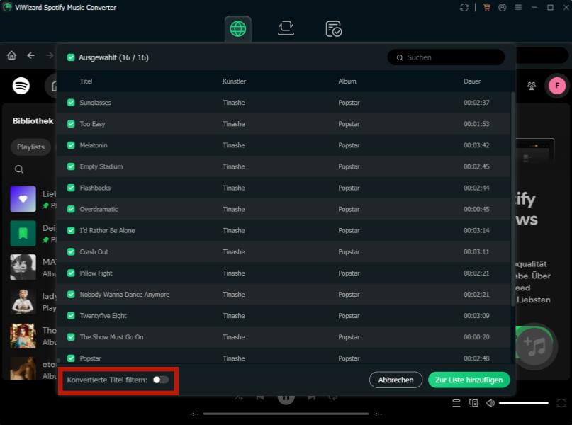 Konvertierte Titel filtern in ViWizard Spotify Music Converter