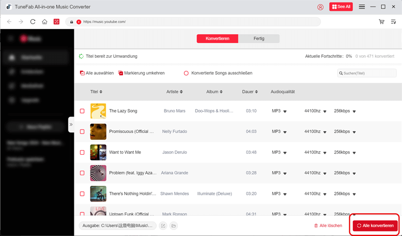 Konvertierungsseite von TuneFab YouTube Music Converter