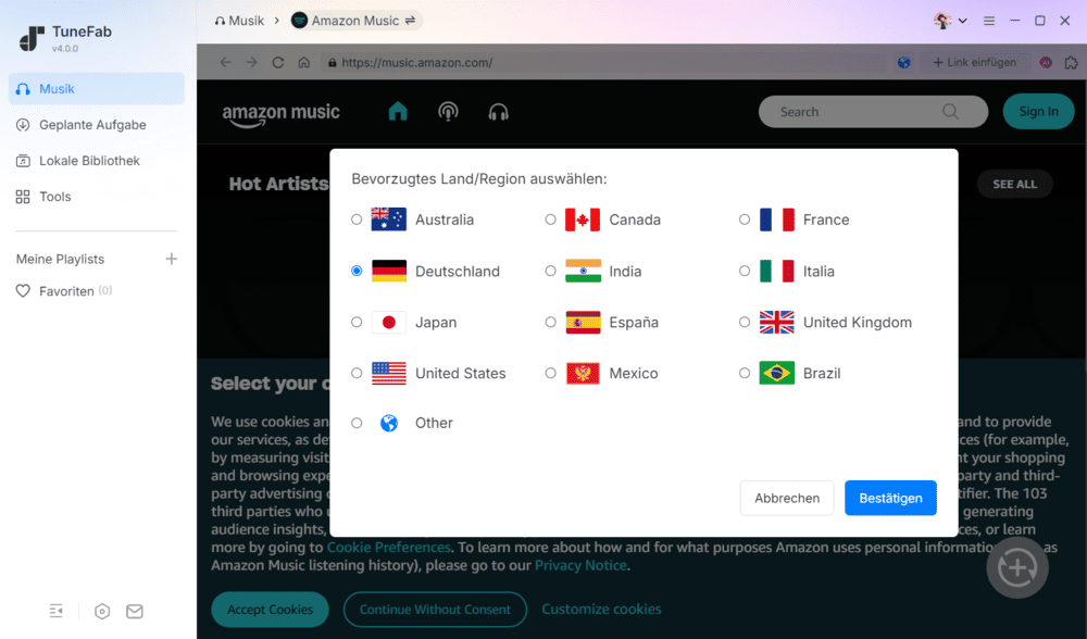 Land für Amazon Music auswählen