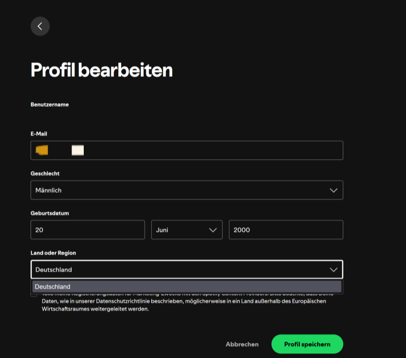 Land oder Region in Spotify App