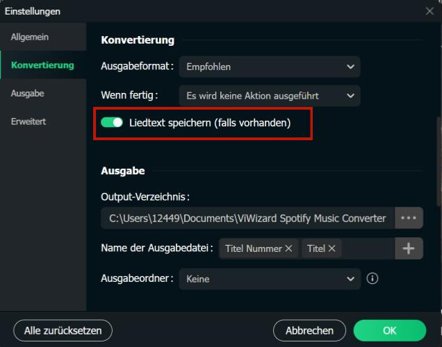 Liedtext speichern in ViWizard Spotify Music Converter