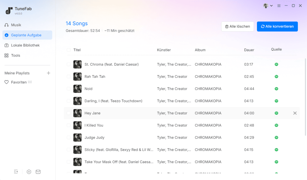 Liste der zum Download bereitstehenden Songs