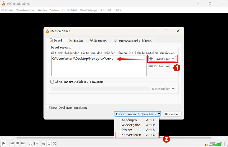 M4A Datei in VLC hinzufügen