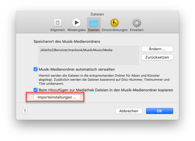 Auf Importeinstellungen klicken
