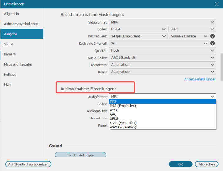 MP3 als Audioformat im FonePaw Bildschirm Recorder auswählen