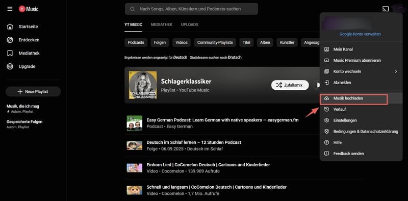 Musik hochladen wählen