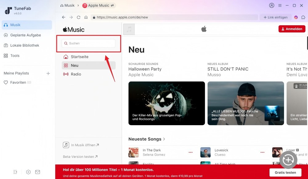 Entsprechenden Song im integrierten Apple-Music-Webplayer finden
