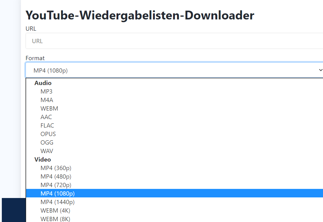 Online YouTube Playlist Downloader Format wählen