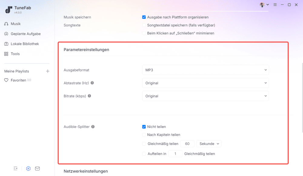Parametereinstellungen von TuneFab