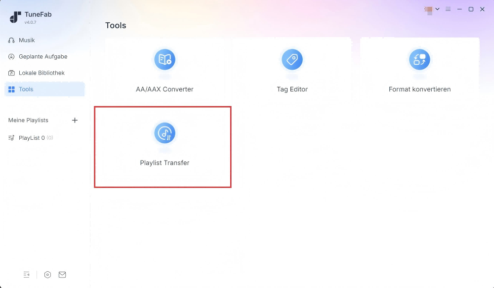 „Playlist Transfer“ im Tool-Box auswählen