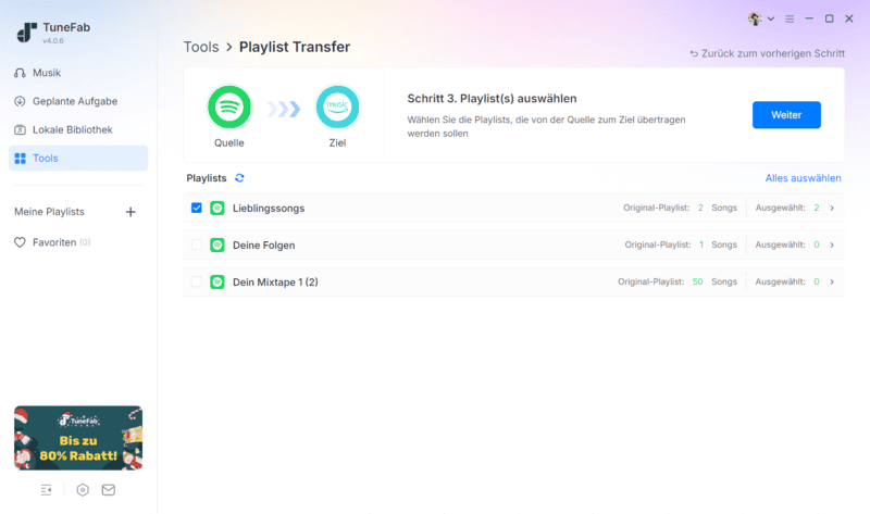 Playlist von Spotify zu Amazon Music wählen