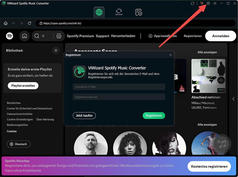 Registrierungscode in ViWizard Spotify Music Converter eingeben
