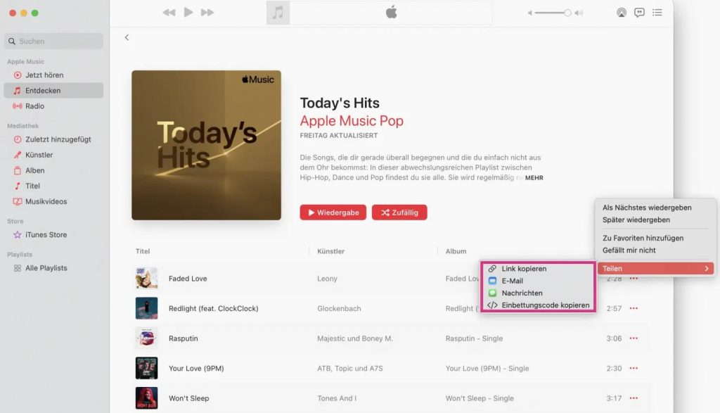 Sharelink von Apple Music-Playlist kopieren