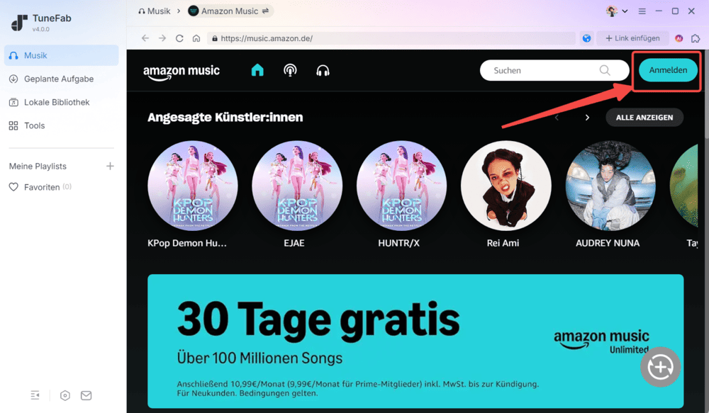 Sich bei Amazon Music anmelden