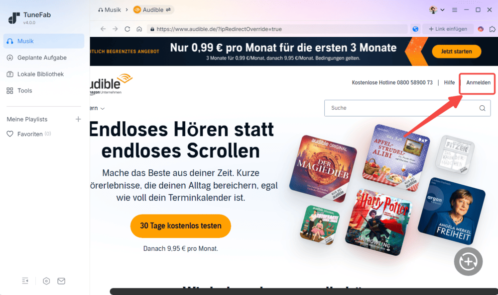 Sich bei Audible-Konto anmelden
