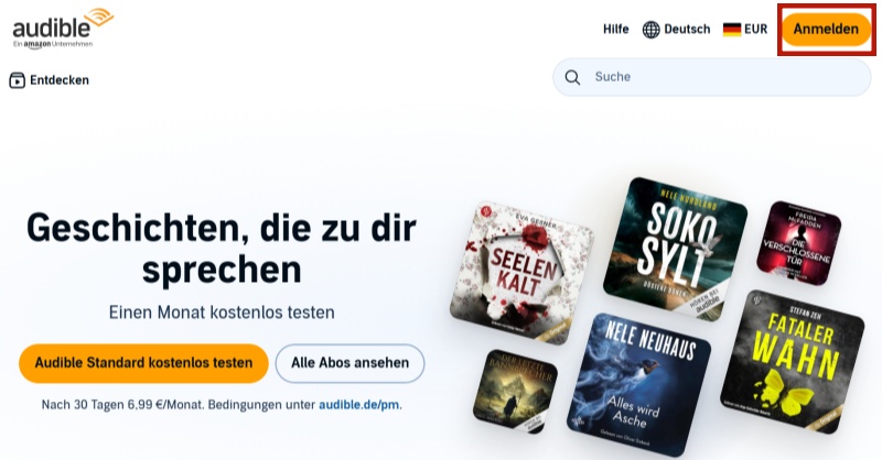 Sich bei Audible mit Ihrem Amazon-Konto anmelden