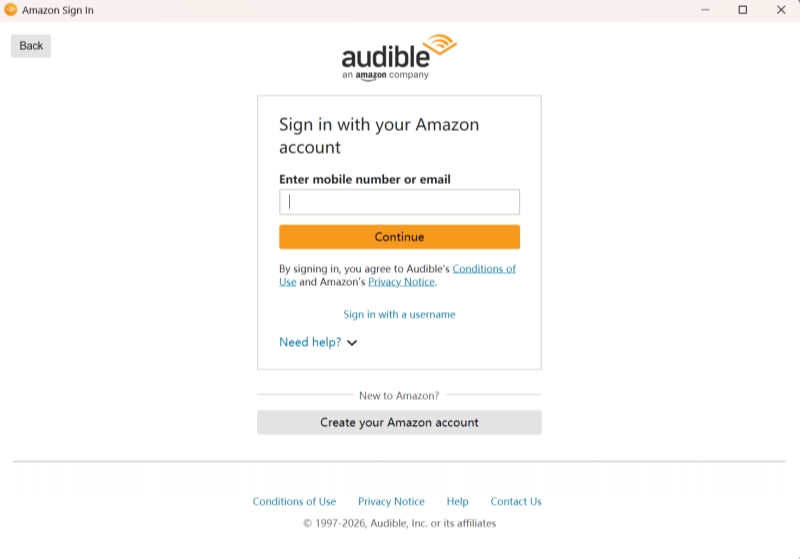 Sich bei AudibleSync mit Ihrem Amazon-Konto anmelden