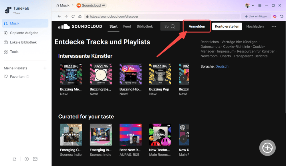 Sich bei SoundCloud-Konto anmelden