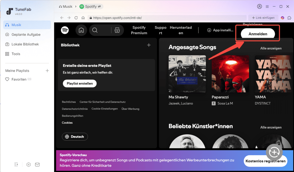 Sich bei Spotify-Konto anmelden