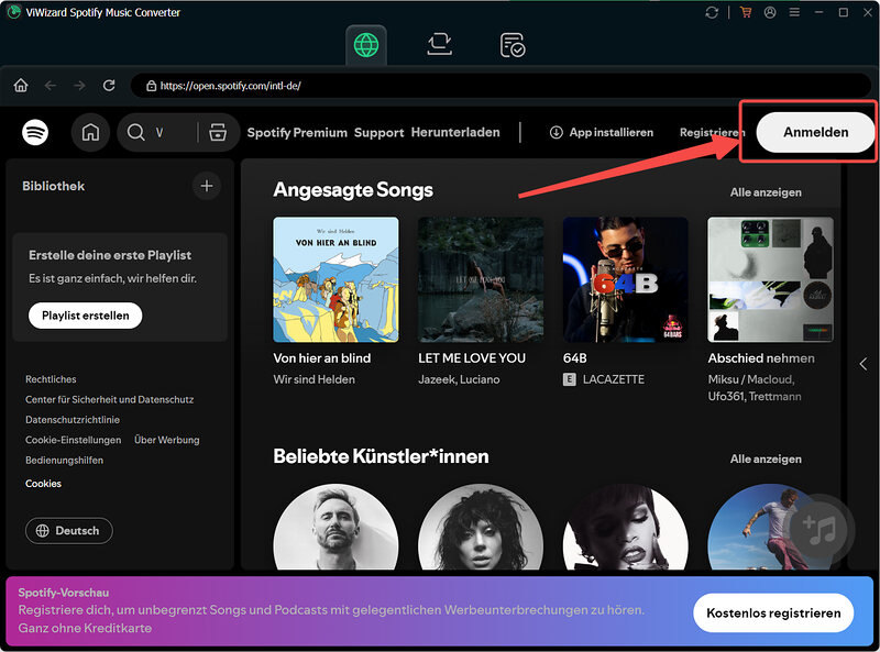 Sich in ViWizard mit Ihrem Spotify-Konto anmelden