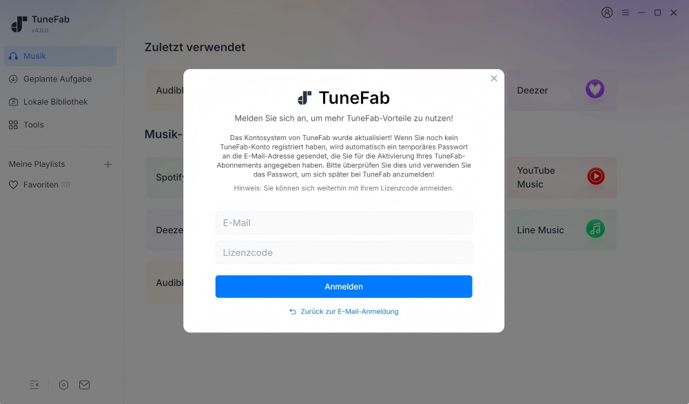 Sich mit Lizenzcode anmelden