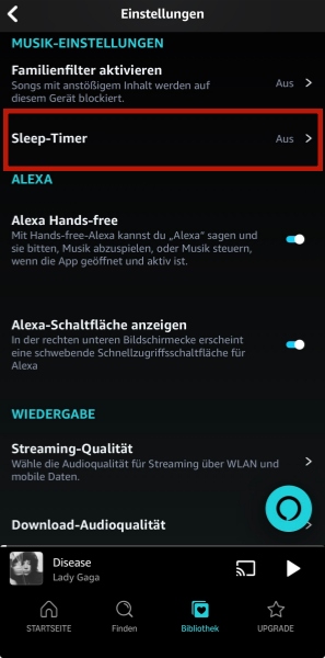 Sleep-Timer in Amazon Music auf iOS