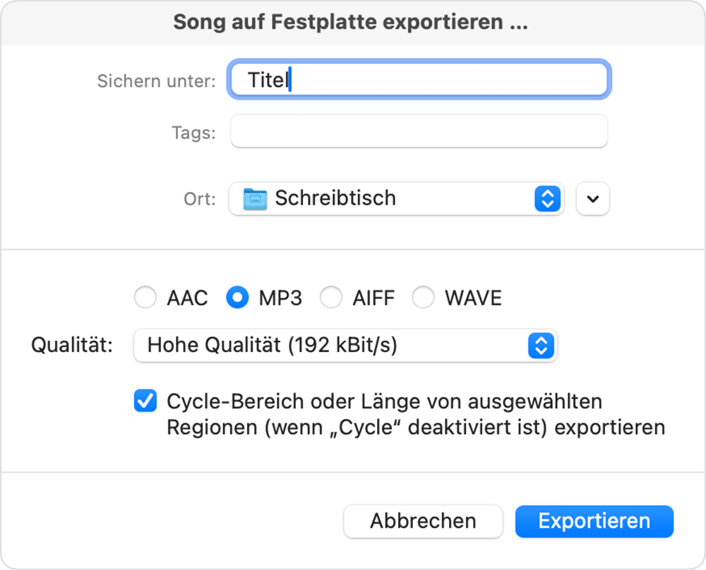 Song auf Speichermedium exportieren