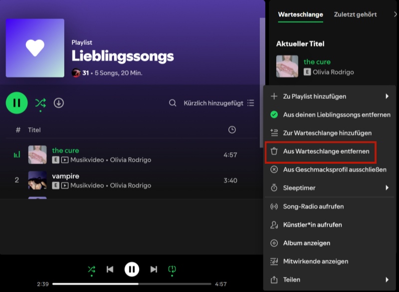 Song aus Warteschlange entfernen