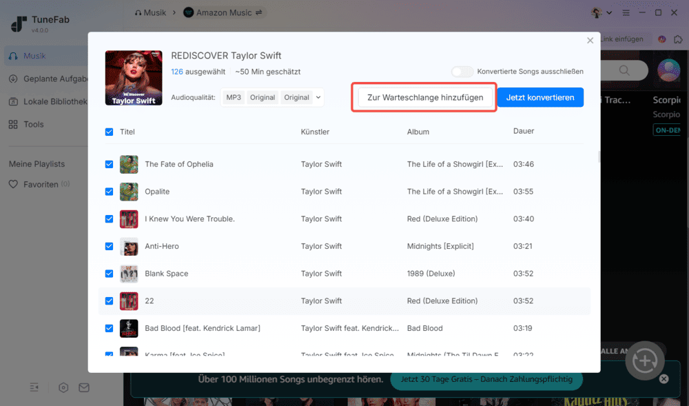 Amazon Music Songs zur Download-Warteliste hinzufügen