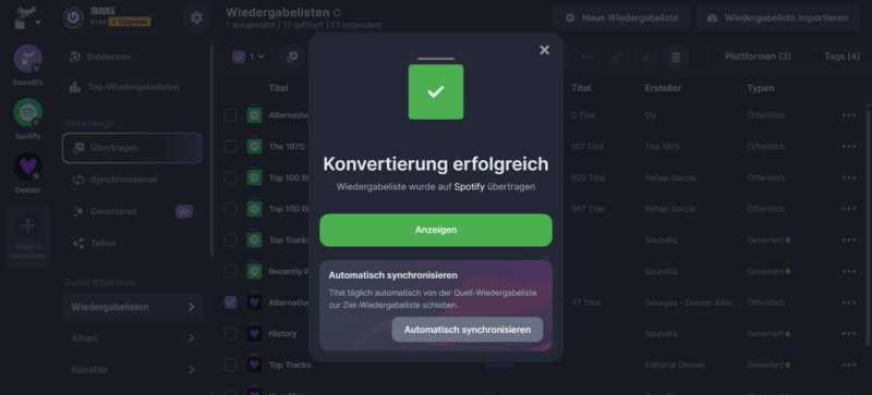 Soudiiz Übertragung von Deezer zu Spotify fertig