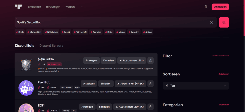 Spotify Discord Bot auf top.gg suchen