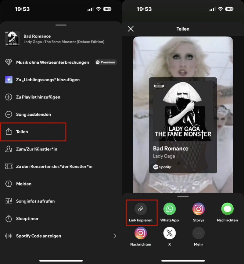 Spotify Link in Handy kopieren