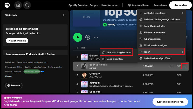 Spotify Musik Link kopieren
