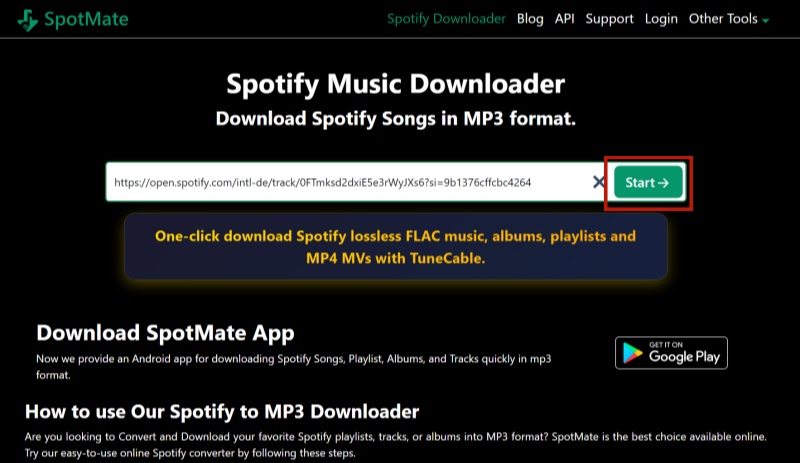 Spotify URL in SpotMate einfügen