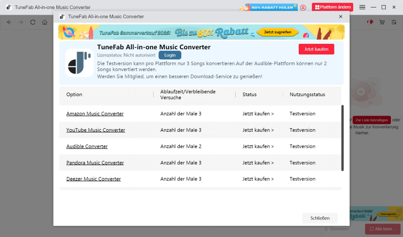Registrierungsseite in TuneFab