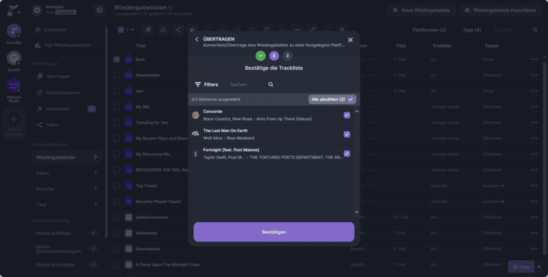 Trackliste bei Übertragung mit Soundiiz bestätigen