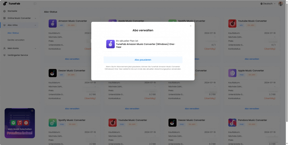 TuneFab-Abo verwalten