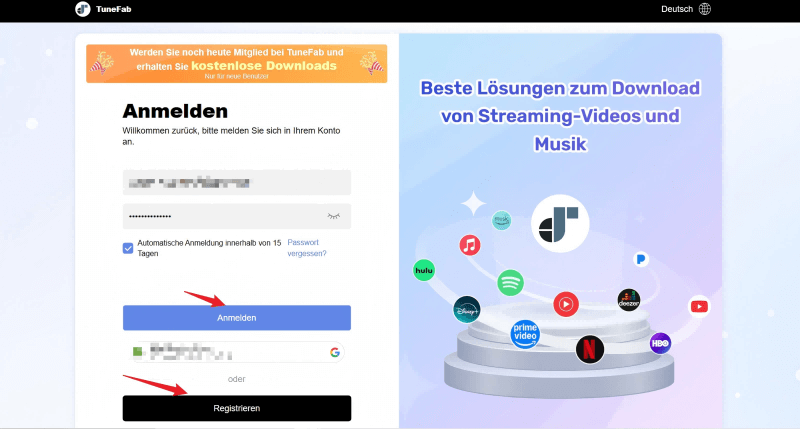 TuneFab Konto registrieren und sich anmelden
