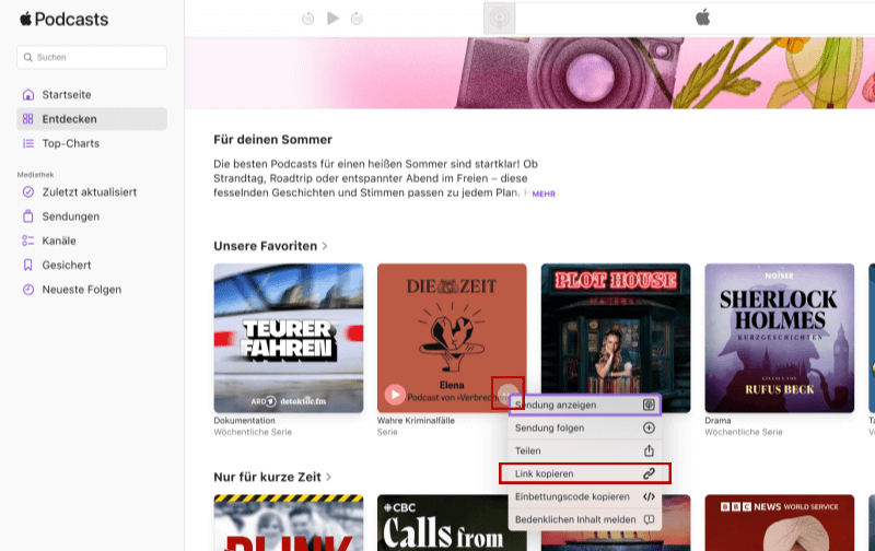 URL von Apple Podcast Episoden kopieren