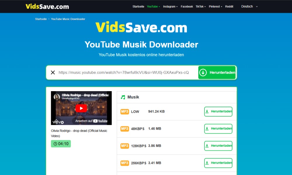 VidsSave YouTube Musik Downloader online