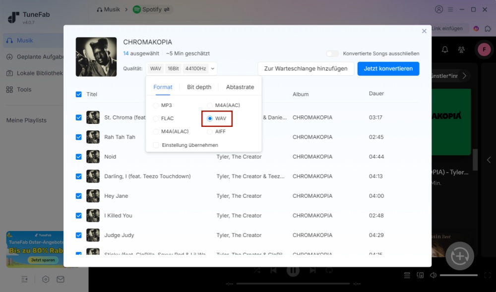 WAV in TuneFab als Ausgabeformat einstellen