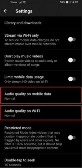 YouTube Music Einstellungen für WLAN und Mobiles Netzwerk