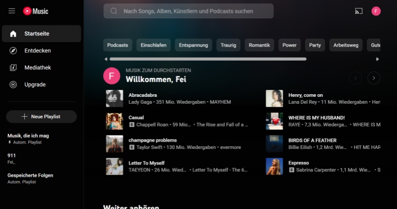 YouTube Music Homepage