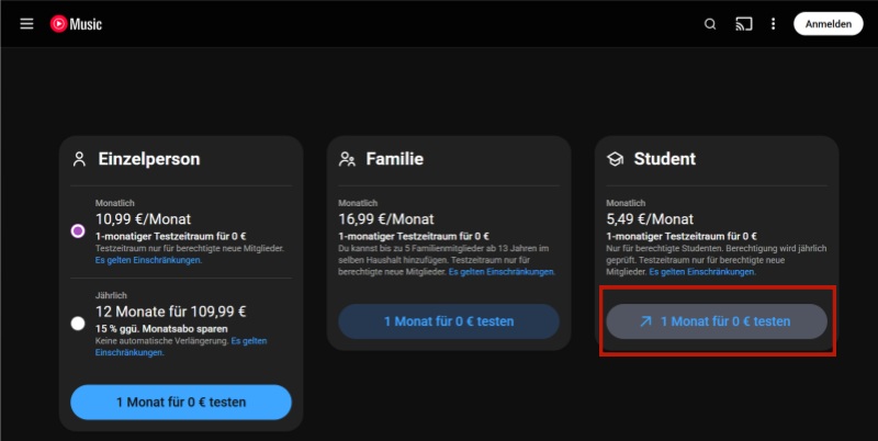 YouTube Music 1 Monat kostenlos für Studenten