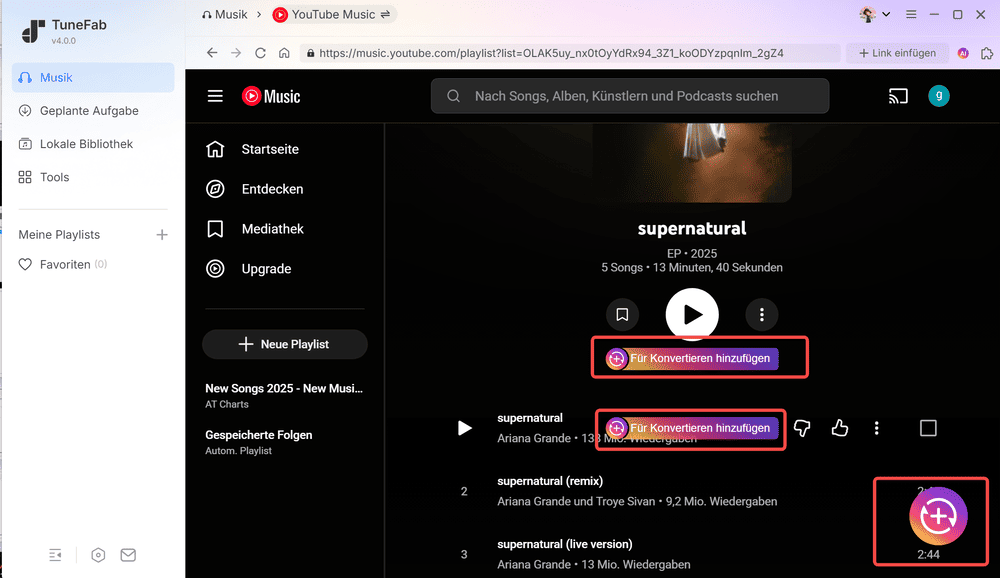 Songs von YouTube Music zur Download-List hinzufügen