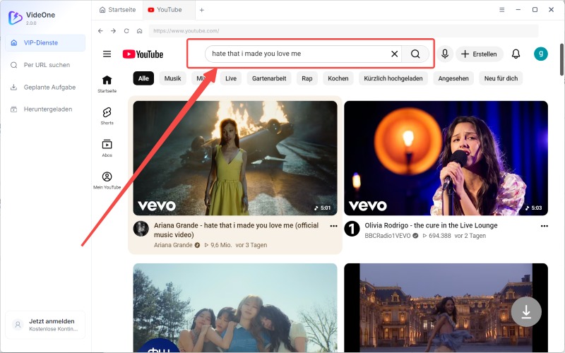 YouTube-Musikvideo in VideOne suchen