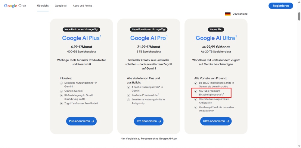 YouTube Premium über Google AI Ultra nutzen