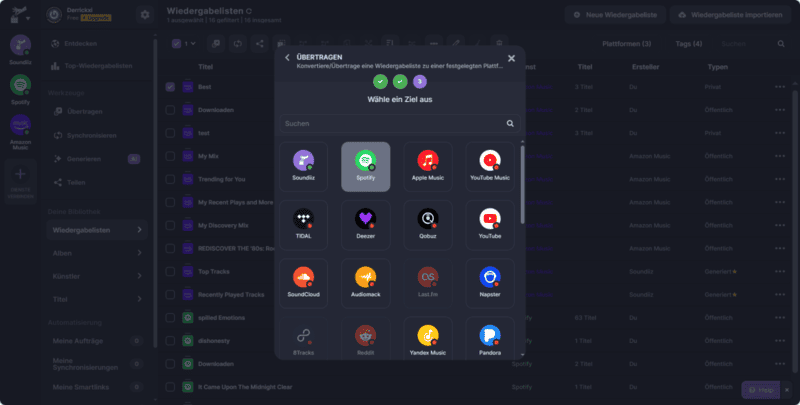 Zielplattform bei Übertragung mit Soundiiz auswählen
